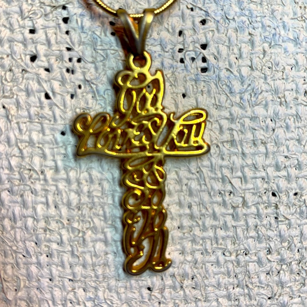 "God Loves you and so do I" gold tone cross pendent necklace